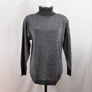 NWOT Christine Phillipe Liquid Silver Thin Knit Turtleneck Sweater Top Tunic M/S